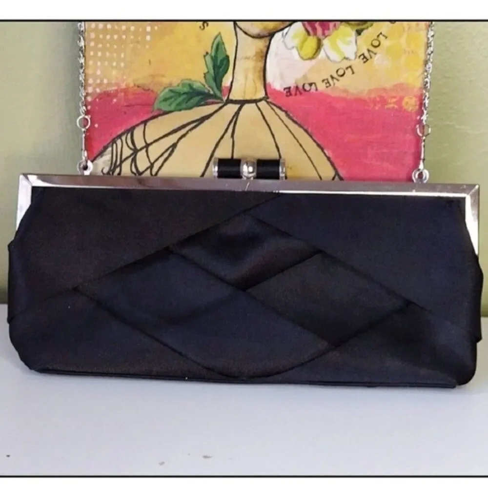 Bijoux Terner VTG Y2K Black‎ Satin Weaved Kisslock Top Evening Clutch with Chain